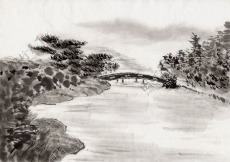 水墨风景河上的桥图片图片