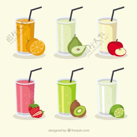 六种玻璃杯装的不同种类果汁
