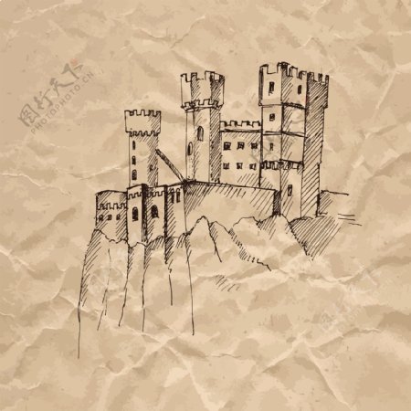 城堡悬崖褶皱纸张手绘速写欧洲建筑矢量