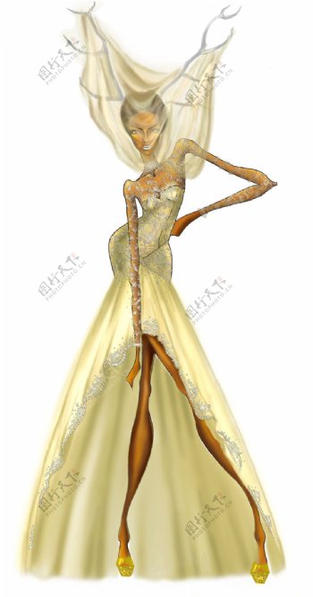 金色开叉长裙设计图