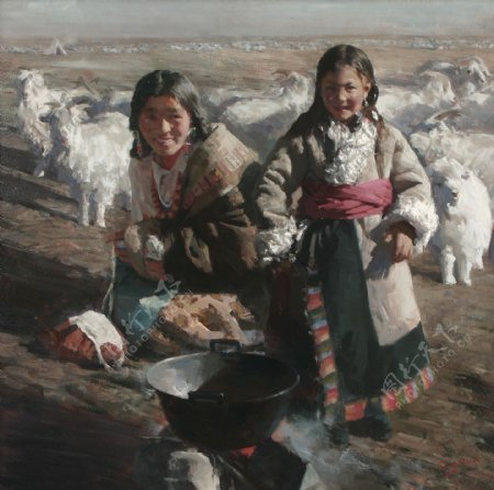 西藏美女女孩油画写生图片