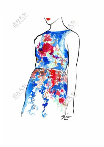 蓝色花朵连衣裙设计图