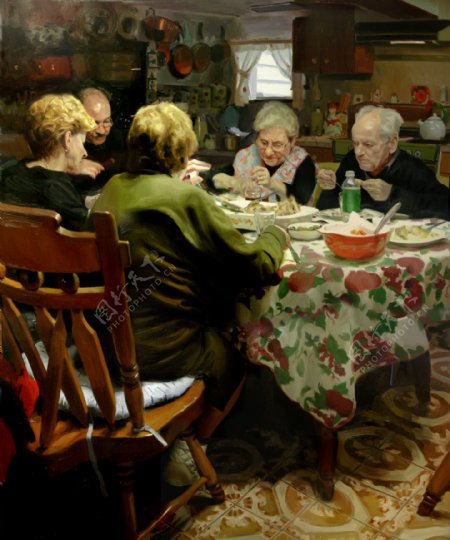 家庭吃饭油画图片