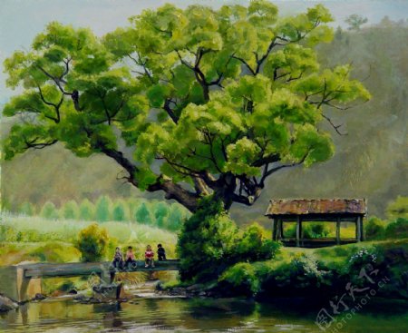 油画树木河流图片