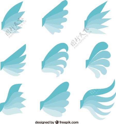 各种扁平风格蓝色翅膀双翼插图