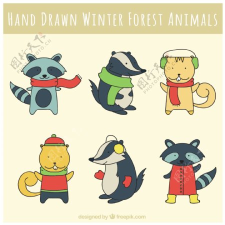 可爱的森林动物穿着冬天的衣服