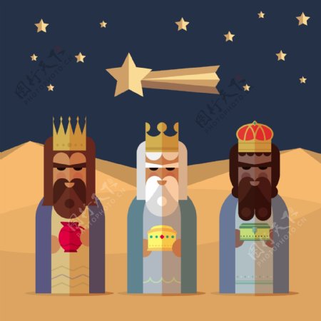 扁平化朝拜的三个国王插画矢量素材