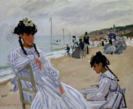 海滩上的女人油画图片