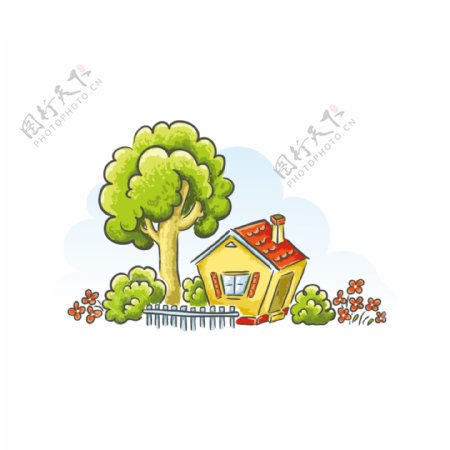 卡通房子和小树