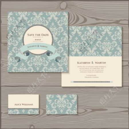 蓝色花纹婚礼卡片矢量素材