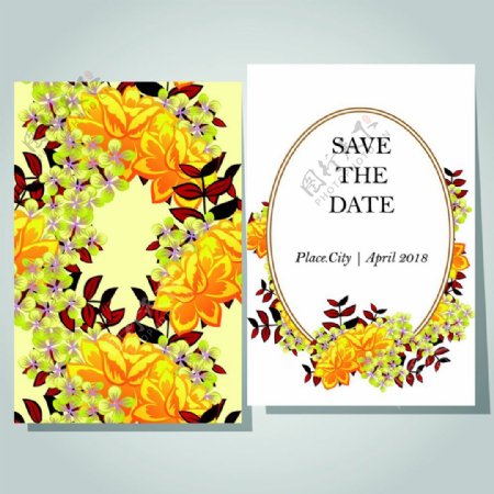 黄色植物花朵婚礼卡片模板下载
