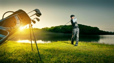 草地打高尔夫球的男人图片