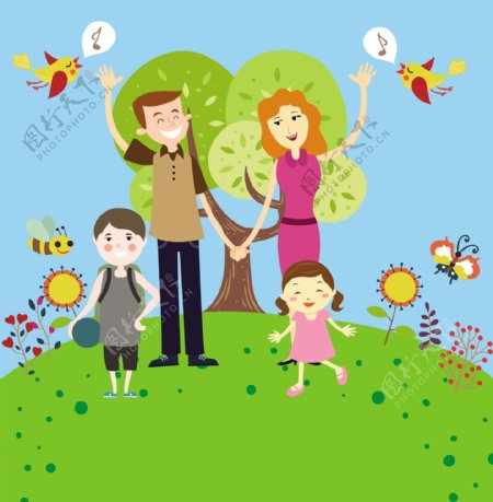 幸福的家庭矢量插图在丰富多彩的卡通风格