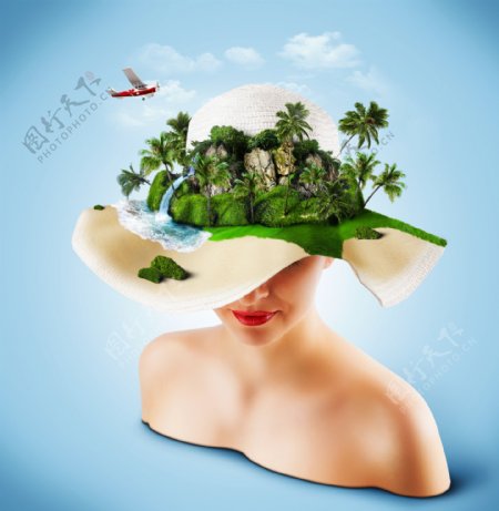 帽子上的椰子树和大海图片