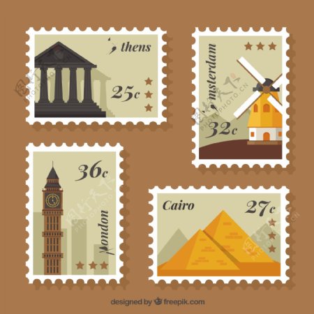 城市邮票平面设计图标
