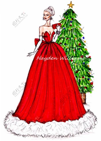 红色深V圣诞裙设计图