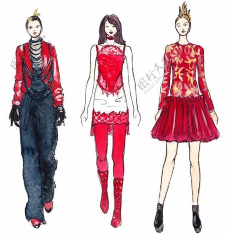 3款红色女装设计图
