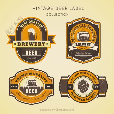 四个复古风格啤酒贴纸图标