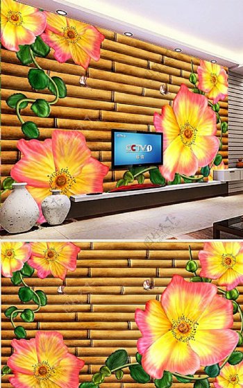 手绘花卉木材贴图背景墙图片