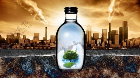 关爱地球环境污染自然灾害玻璃瓶