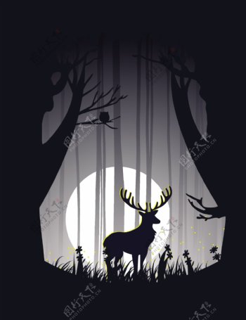 黑夜森林里的梅花鹿背景图