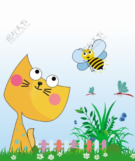 花园可爱小猫与蜜蜂背景图
