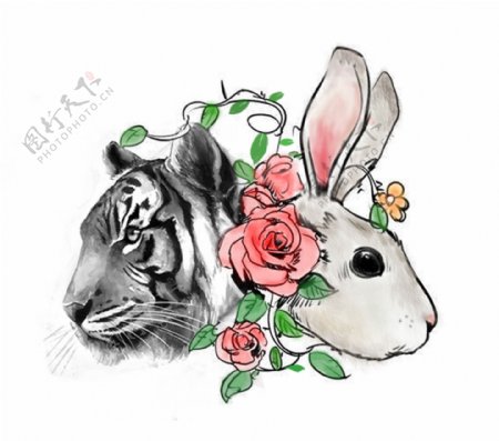 虎兔纹身图案