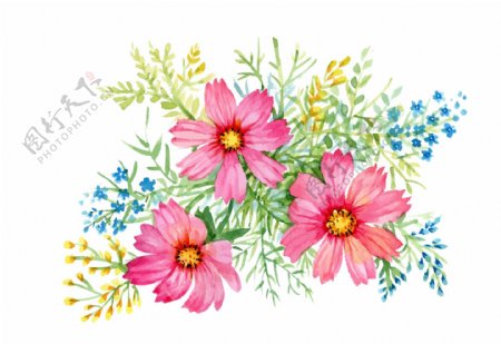 粉色小花花丛花朵水彩手绘矢量文件