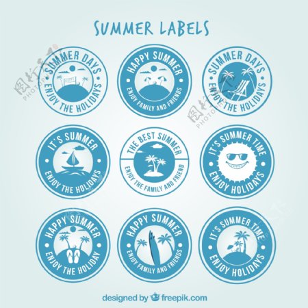 夏天元素蓝色圆形标签图标
