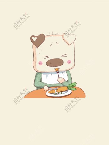 手绘卡通小猪厌食吃胡萝卜
