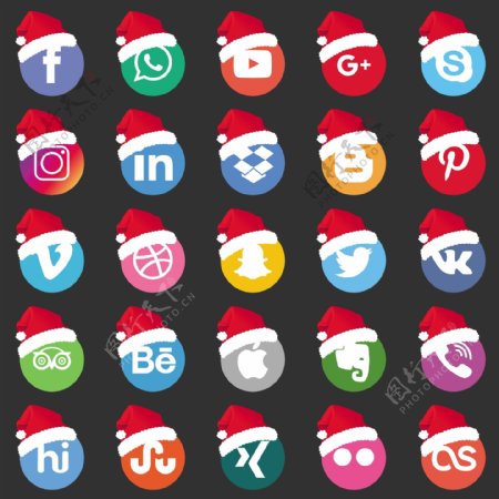 社交网络图标与圣诞老人帽