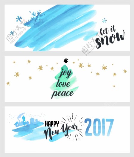 蓝色水彩圣诞新年横幅海报矢量