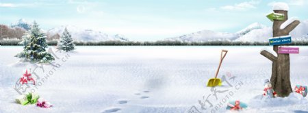 冬季雪地鲜花路标背景图
