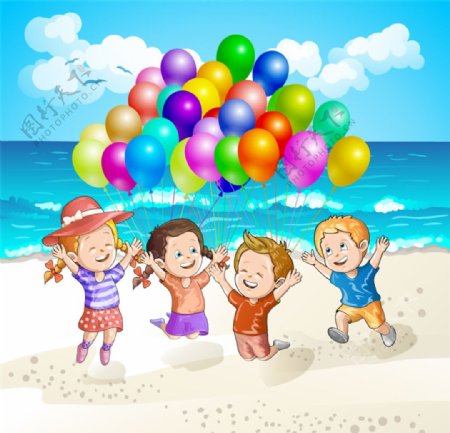 海滩玩气球的孩子矢量素材