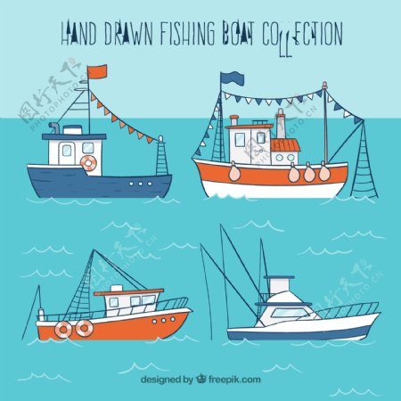 手绘渔船插图集合