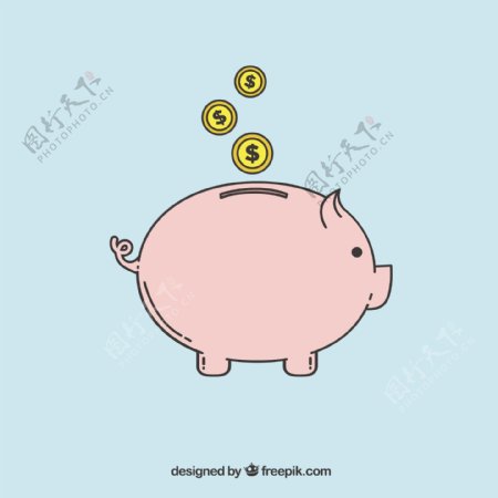 小猪存钱罐与硬币蓝色背景