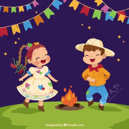 儿童跳舞篝火节日元素背景