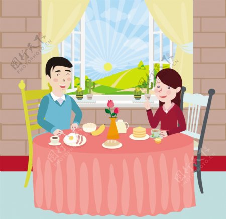 家庭早餐画插图夫妇和餐免费矢量