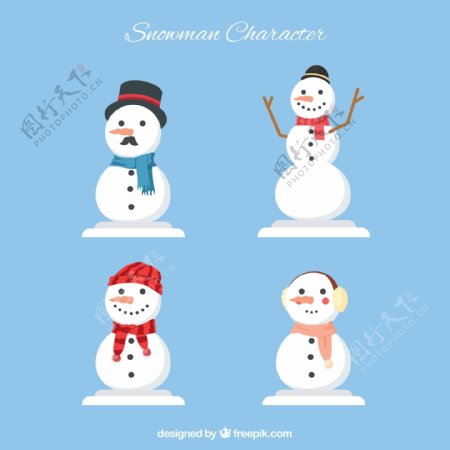 4款白色微笑雪人形象矢量素材