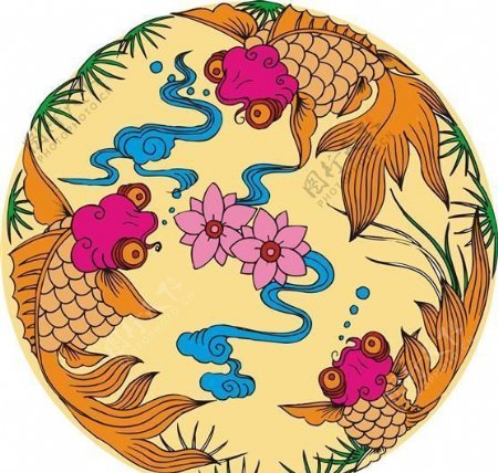 三鱼戏水圆形样式装饰图案矢量素材