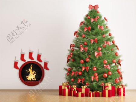 壁炉图案和圣诞树图片