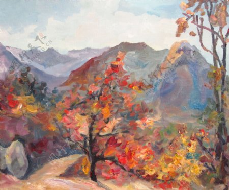 秋天的山坡油画图片