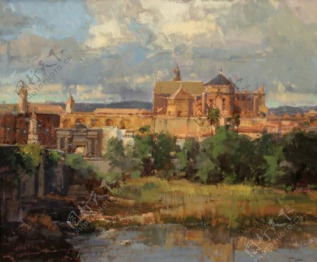 古欧州城堡和河水油画图片