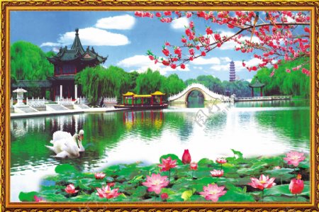 湖泊美景中堂画图片图片