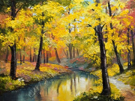 小溪和秋天树木画图片