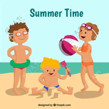 3个夏日沙滩玩耍儿童矢量素材