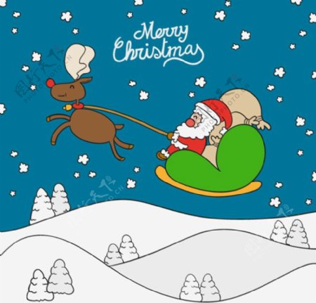 卡通圣诞老人与雪橇矢量素材