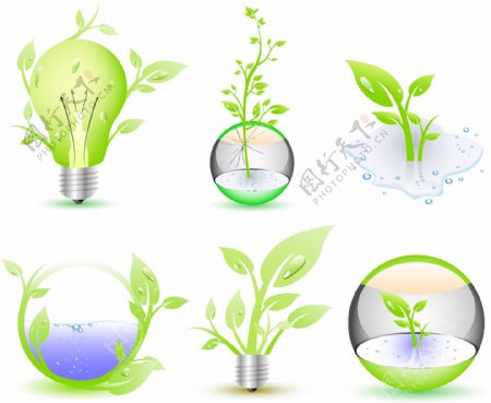Eco图标集合绿树灯泡免费矢量插图