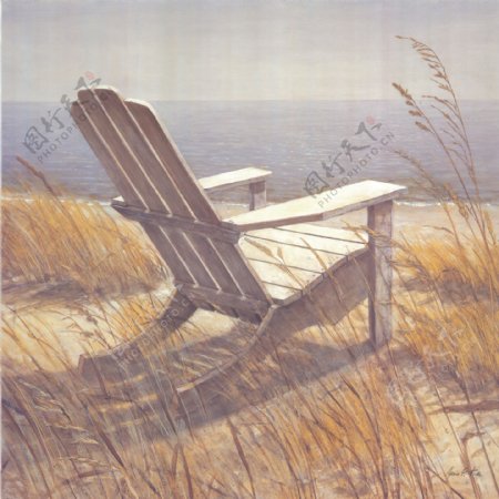 风景油画之阳光下湖边椅子