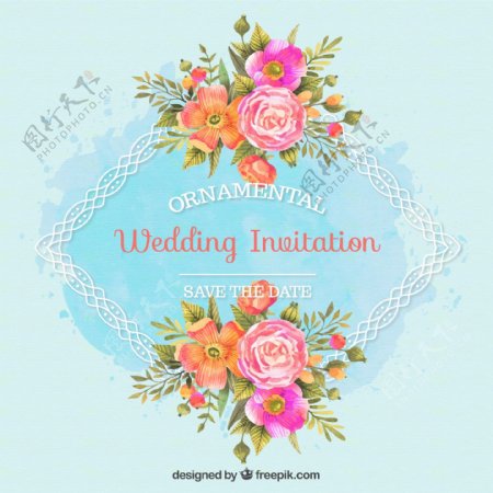 婚礼邀请与观赏性框架和水彩花卉
